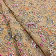 Nazira Embroidered Biege Georgette Fabric with Multicolor Floral Pattern