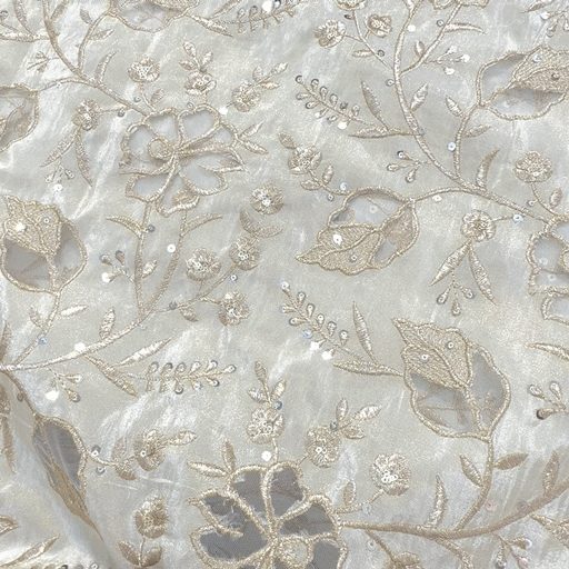 Embroidered Dyeable Shimmer Tissue Fabric with Floral & Leaf Net Patchwork