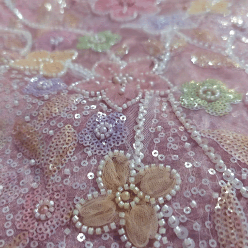 Embroidered Pastel Pink Organza with Floral Applique & Cutdana, Sequin Work