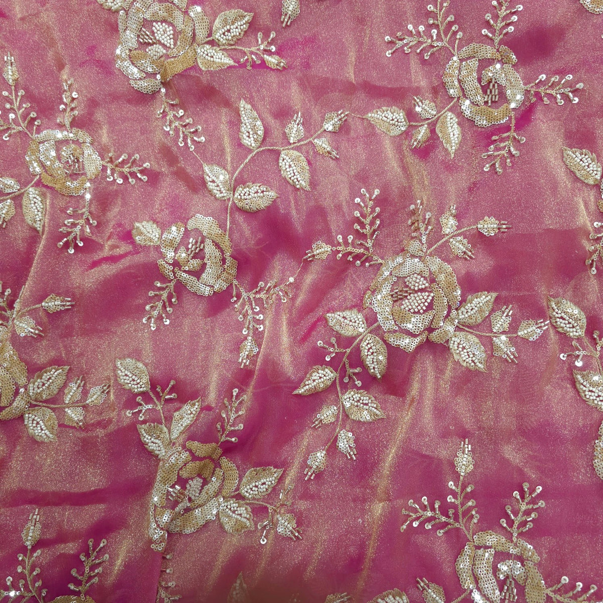 Mirha Hand Embroidered Pink Organza Shimmer Tissue with Sequin Rose Embroidery