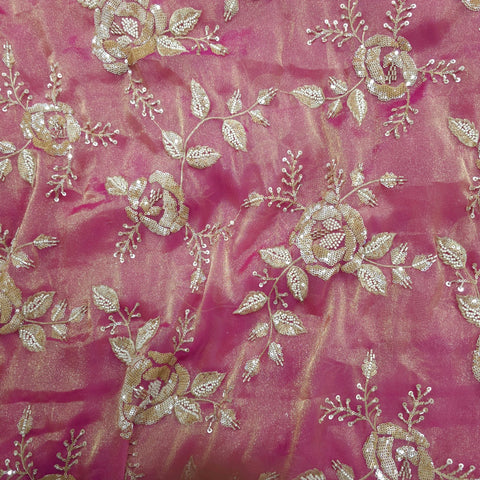Mirha Hand Embroidered Pink Organza Shimmer Tissue with Sequin Rose Embroidery