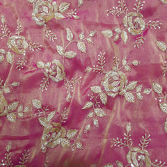 Mirha Hand Embroidered Pink Organza Shimmer Tissue with Sequin Rose Embroidery