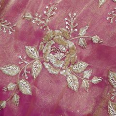 Mirha Hand Embroidered Pink Organza Shimmer Tissue with Sequin Rose Embroidery