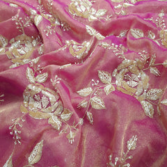 Mirha Hand Embroidered Pink Organza Shimmer Tissue with Sequin Rose Embroidery