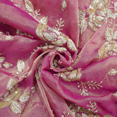 Mirha Hand Embroidered Pink Organza Shimmer Tissue with Sequin Rose Embroidery