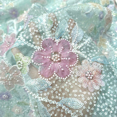 Embroidered Pale Blue Organza with Floral Applique & Cutdana, Sequin Work