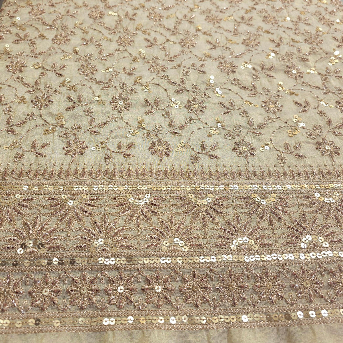 Zahra Hand Embroidered Dyeable Shimmer Tissue with all over Floral Vines & Border