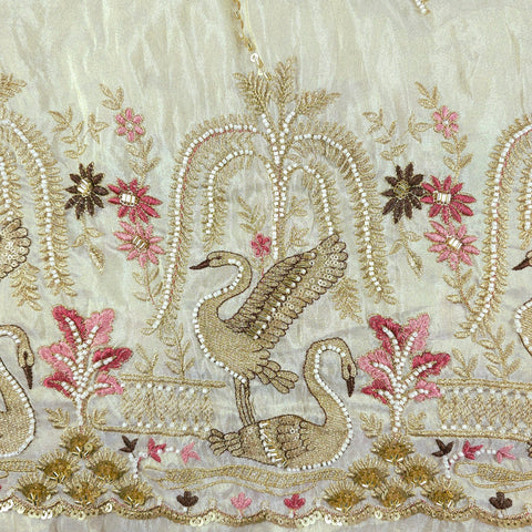 Hansika Hand Embroidered Dyeable Organza Shimmer Tissue with Bird & Floral Motif Embroidered Border