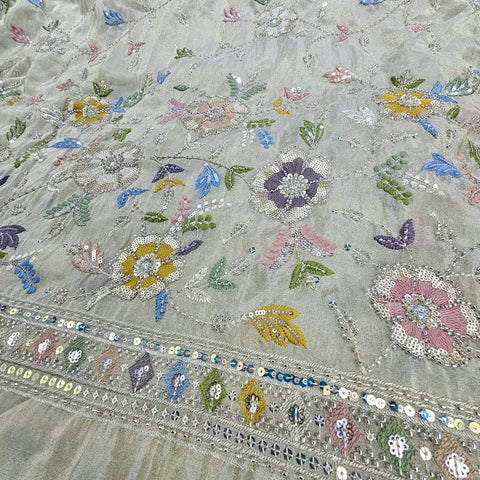Zarina Hand Embroidered Dyeable Organza Shimmer Tissue with Floral Embroidered Border