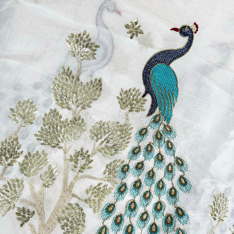 Hand Embroidered Dyeable Crepe Fabric with Peacock, Elephant & Deer motifs Embroidered Border