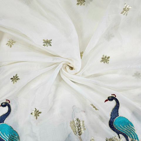 Hand Embroidered Dyeable Crepe Fabric with Peacock, Elephant & Deer motifs Embroidered Border