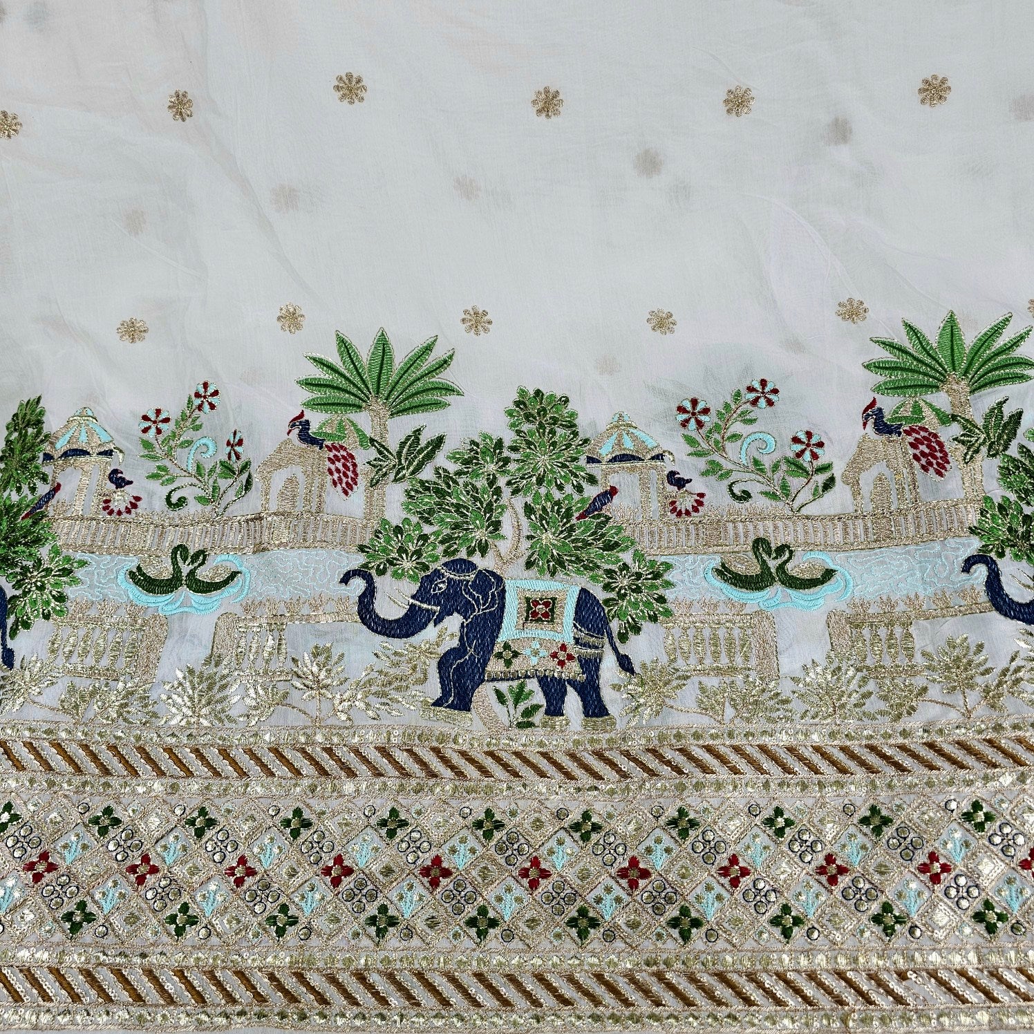 Hand Embroidered Dyeable Crepe Fabric with Elephant & Bird motif Embroidered on Border