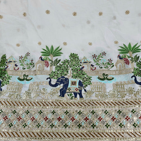 Hand Embroidered Dyeable Crepe Fabric with Elephant & Bird motif Embroidered on Border