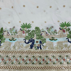 Hand Embroidered Dyeable Crepe Fabric with Elephant & Bird motif Embroidered on Border