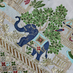 Hand Embroidered Dyeable Crepe Fabric with Elephant & Bird motif Embroidered on Border