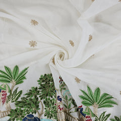 Hand Embroidered Dyeable Crepe Fabric with Elephant & Bird motif Embroidered on Border