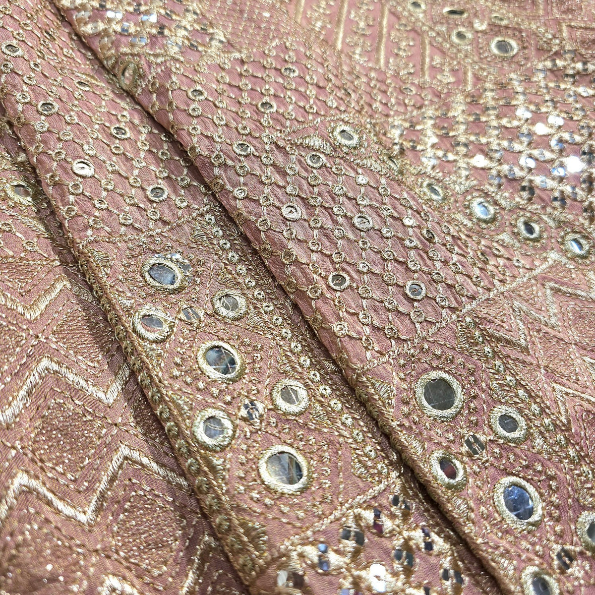 Mirror Work on Peach Shimmer Tissue Fabric