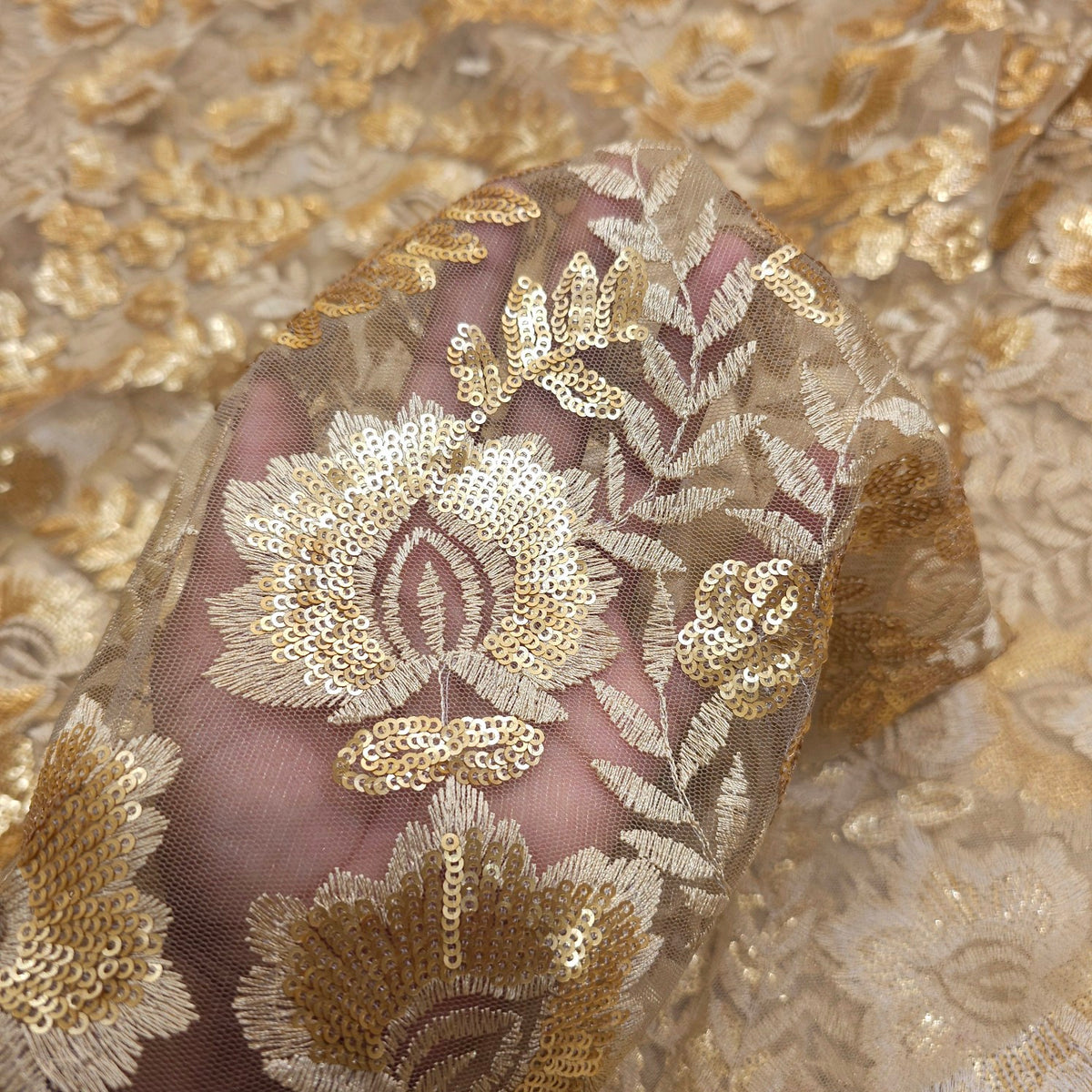 Embroidered Beige Net Fabric with Gold Sequin, and Resham Work
