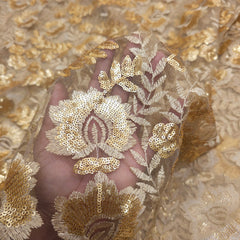 Embroidered Beige Net Fabric with Gold Sequin, and Resham Work