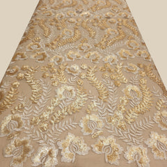 Embroidered Beige Net Fabric with Gold Sequin, and Resham Work