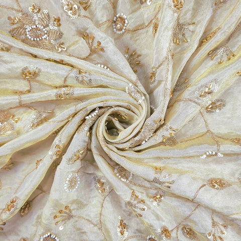 Zarina Hand Embroidered Dyeable Shimmer Tissue Fabric with Floral Sequin, Beads & Zari Work