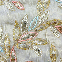 Nura Hand Embroidered Dyeable Shimmer Tissue with all over Vertical Vine Embroidered Multicolor Border