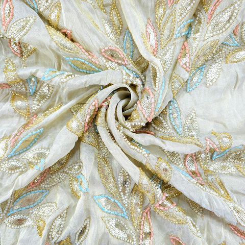 Nura Hand Embroidered Dyeable Shimmer Tissue with all over Vertical Vine Embroidered Multicolor Border
