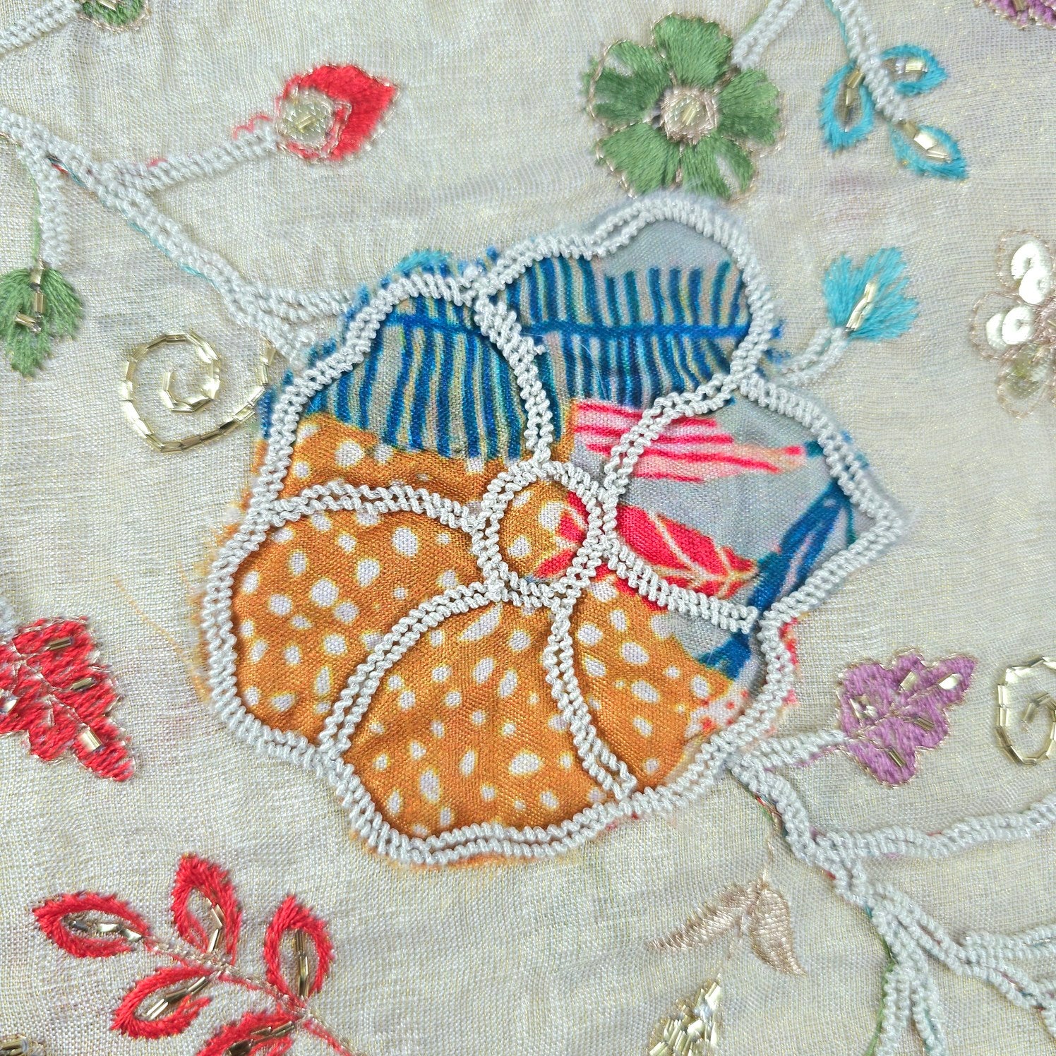 Resham Embroidered Dyeable Shimmer Tissue with Zari, Sequinwork & Multicolor Floral Patchwork