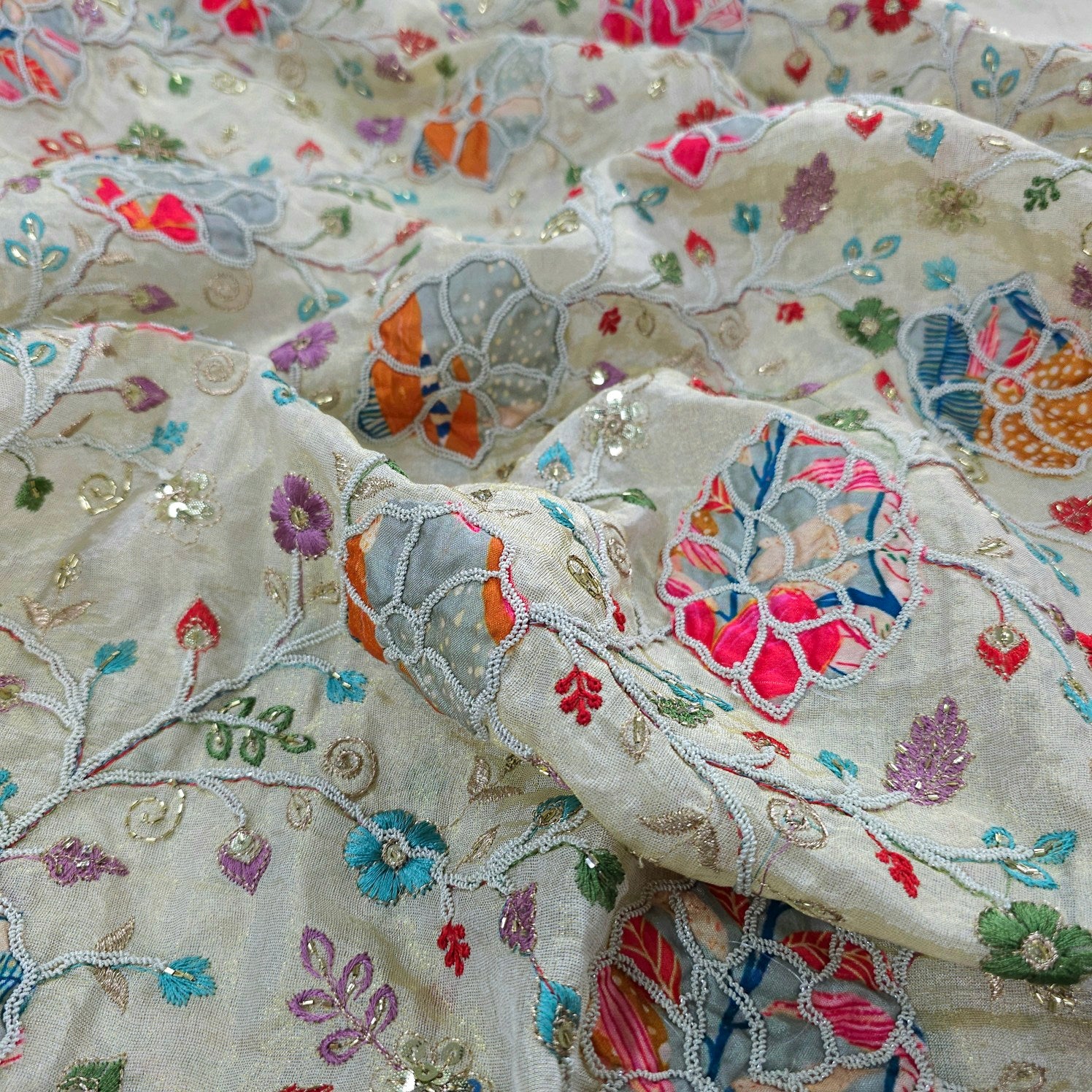 Resham Embroidered Dyeable Shimmer Tissue with Zari, Sequinwork & Multicolor Floral Patchwork