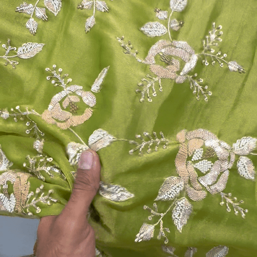 Mirha Hand Embroidered Parrot Green Organza Shimmer Tissue with Sequin Rose Embroidery