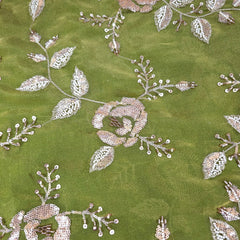 Mirha Hand Embroidered Parrot Green Organza Shimmer Tissue with Sequin Rose Embroidery