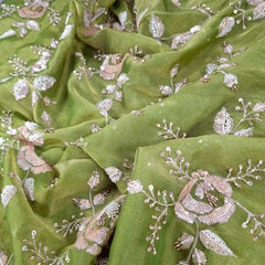 Mirha Hand Embroidered Parrot Green Organza Shimmer Tissue with Sequin Rose Embroidery