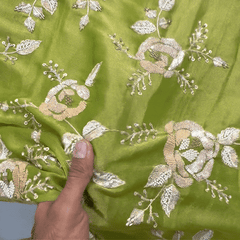 Mirha Hand Embroidered Parrot Green Organza Shimmer Tissue with Sequin Rose Embroidery