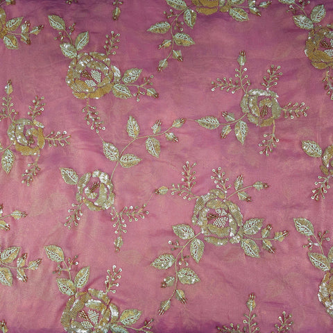 Mirha Hand Embroidered Baby Pink Organza Shimmer Tissue with Sequin Rose Embroidery