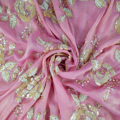 Mirha Hand Embroidered Baby Pink Organza Shimmer Tissue with Sequin Rose Embroidery