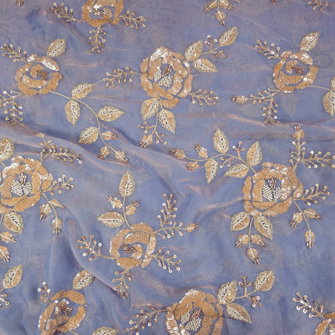 Mirha Hand Embroidered Powder Blue Organza Shimmer Tissue with Sequin Rose Embroidery