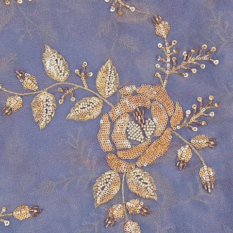Mirha Hand Embroidered Powder Blue Organza Shimmer Tissue with Sequin Rose Embroidery