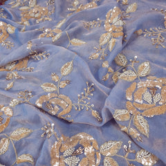 Mirha Hand Embroidered Powder Blue Organza Shimmer Tissue with Sequin Rose Embroidery