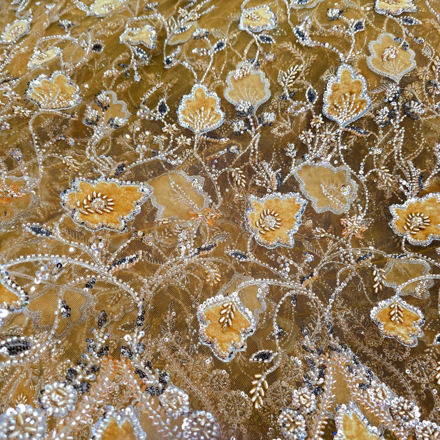 Mustard Yellow Velvet Patchwork Embroidered Net base Fabric with Cutdana & Sequin Work