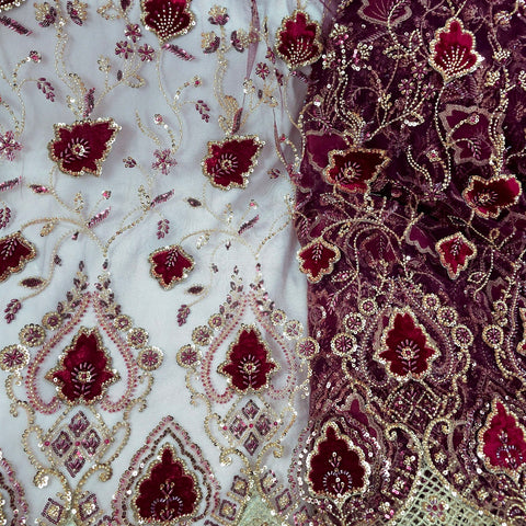 Maroon Velvet Patchwork Embroidered Net base Fabric with Cutdana & Sequin Work