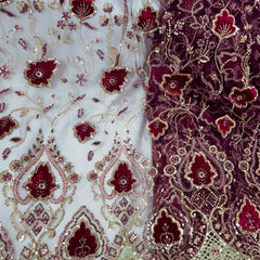 Maroon Velvet Patchwork Embroidered Net base Fabric with Cutdana & Sequin Work