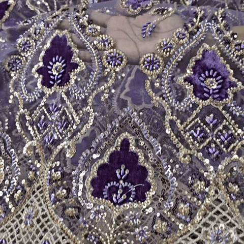 Royal Violet Velvet Patchwork Embroidered Net base Fabric with Cutdana & Sequin Work