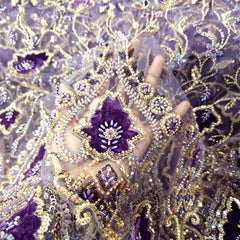 Royal Violet Velvet Patchwork Embroidered Net base Fabric with Cutdana & Sequin Work