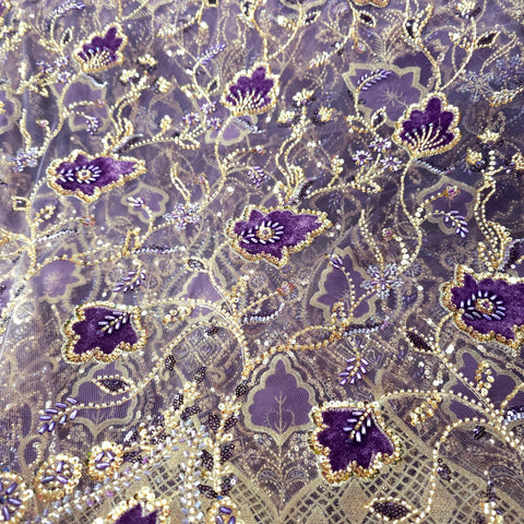 Royal Violet Velvet Patchwork Embroidered Net base Fabric with Cutdana & Sequin Work