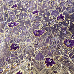 Royal Violet Velvet Patchwork Embroidered Net base Fabric with Cutdana & Sequin Work