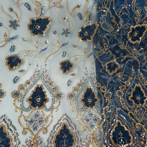 Navy Blue Velvet Patchwork Embroidered Net base Fabric with Cutdana & Sequin Work
