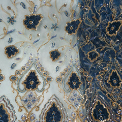 Navy Blue Velvet Patchwork Embroidered Net base Fabric with Cutdana & Sequin Work