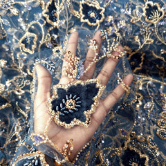 Navy Blue Velvet Patchwork Embroidered Net base Fabric with Cutdana & Sequin Work