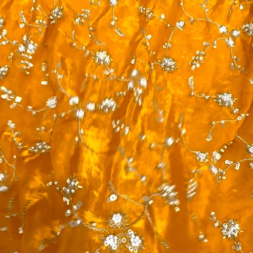 Mirha Hand Embroidered Yellow Golden Organza Shimmer Tissue with intricate Floral Sequin Embroidery