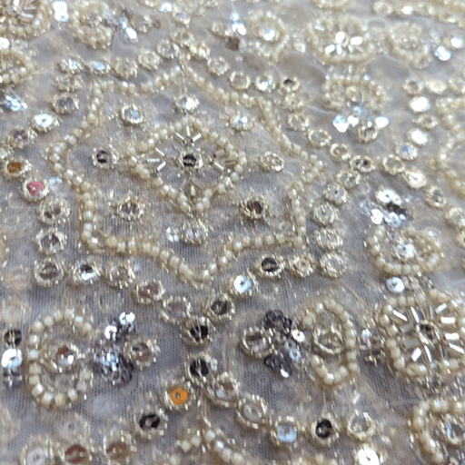 Dyeable Embroidered white Net Fabric with Silver Sequin, Cutdana and White Beads Work